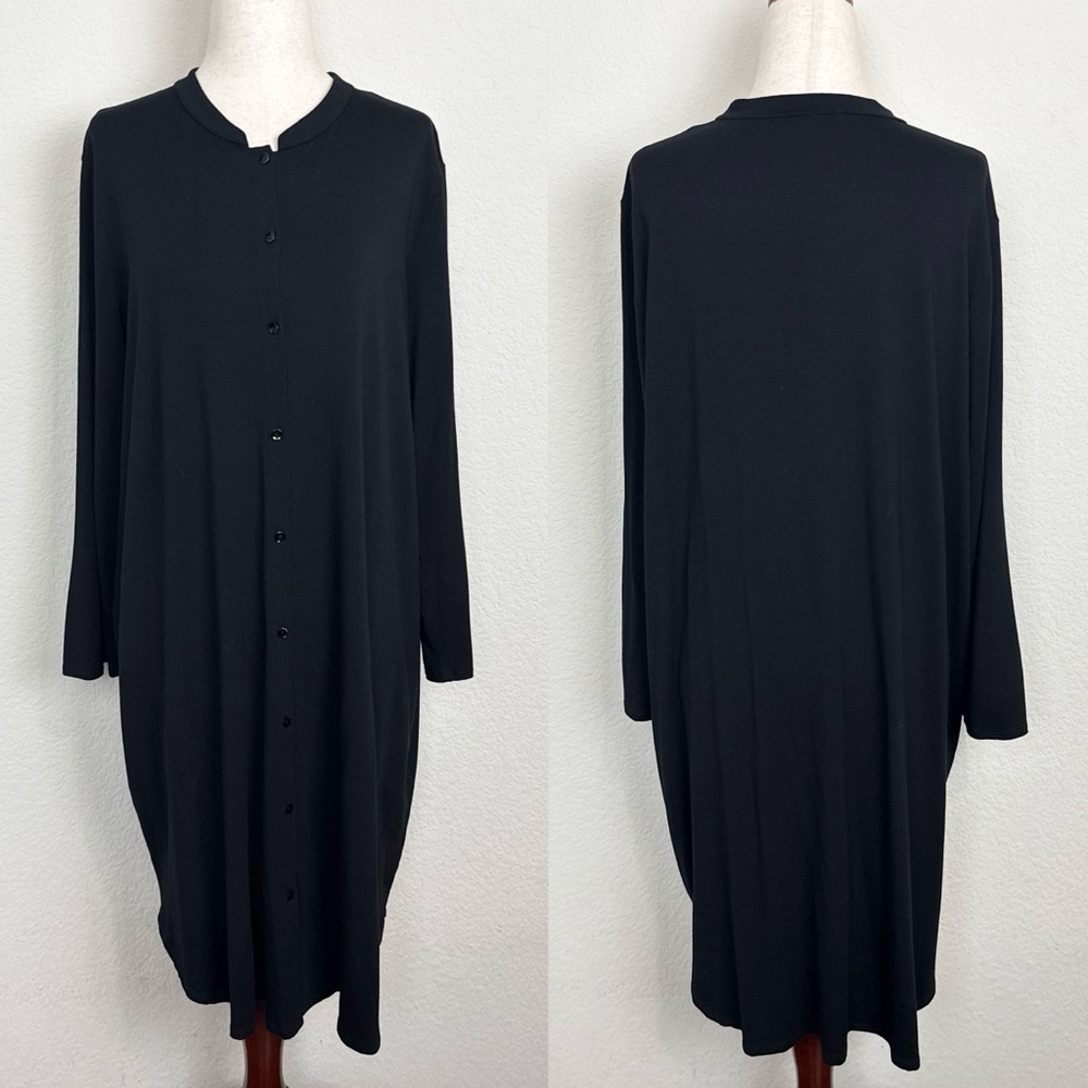 Eileen Fisher Stretch Button Up Side‎ Pockets Long Sleeve Black Jersey Dress